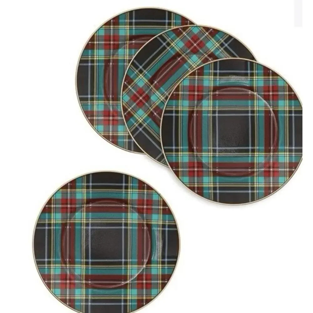 NEW Mackenzie Childs Tartan Black Salad|Dessert Plate Set of 4
